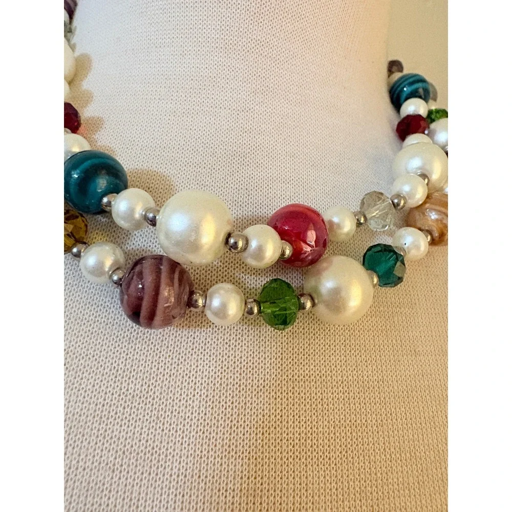 Multicolor Double Strand Beaded Necklace Faux Pearl Art Glass Statement Silver
